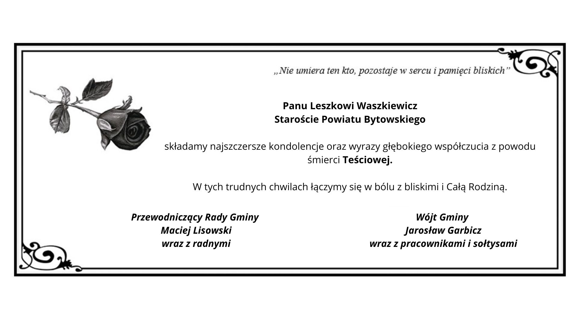 Kondolencje dla P. Leszka Waszkiewicza z&nbsp;powodu śmierci Teściowej