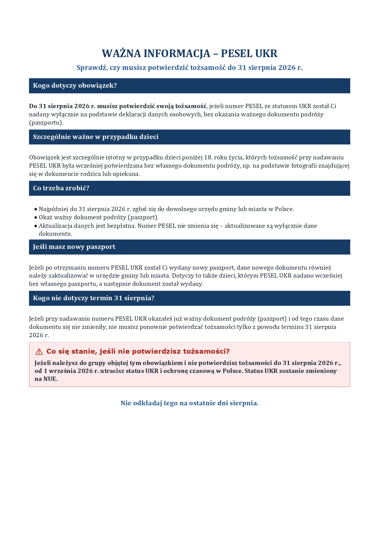 Ważna informacja - PESEL UKR PL