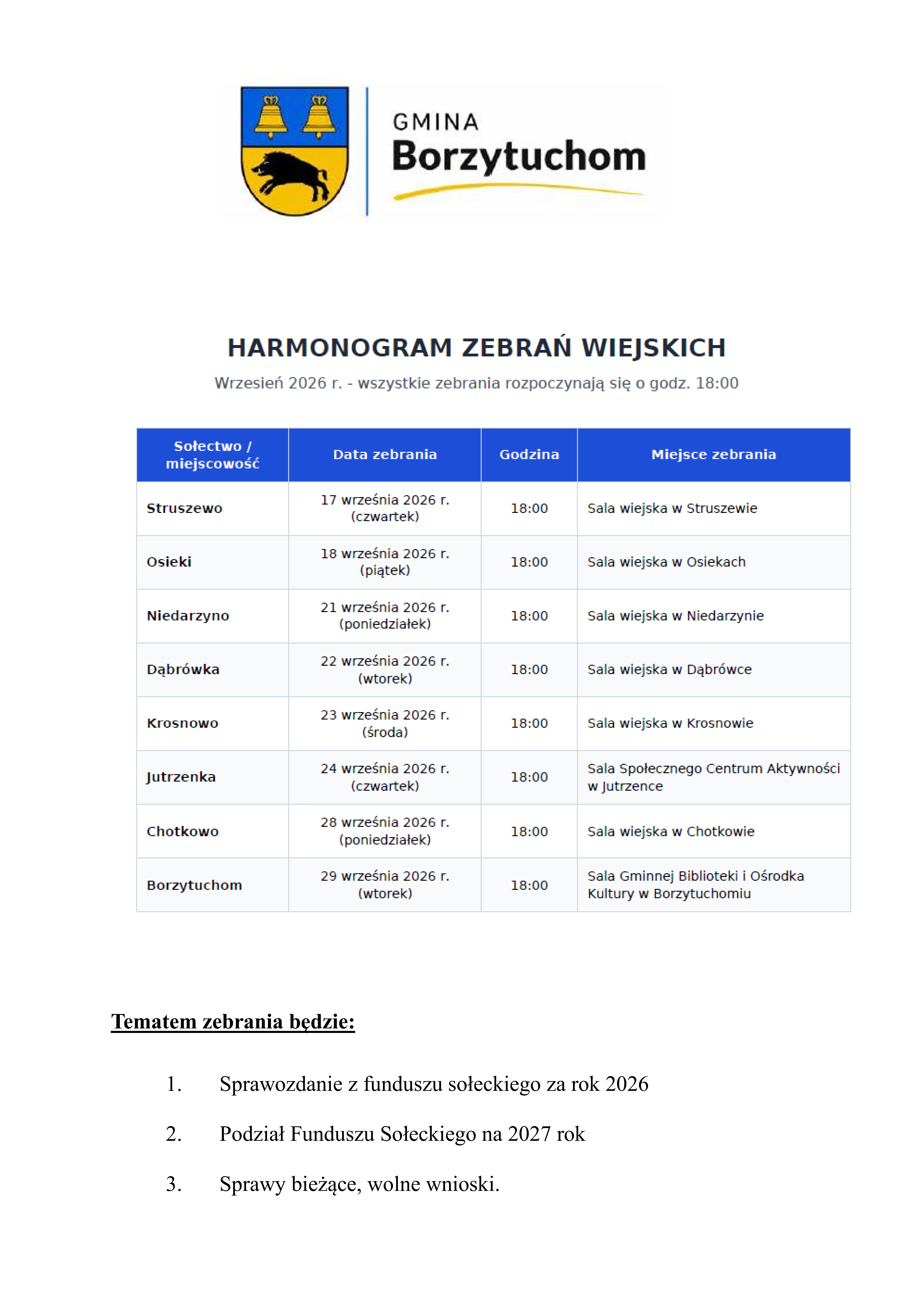 Harmonogram zebrań wiejskich