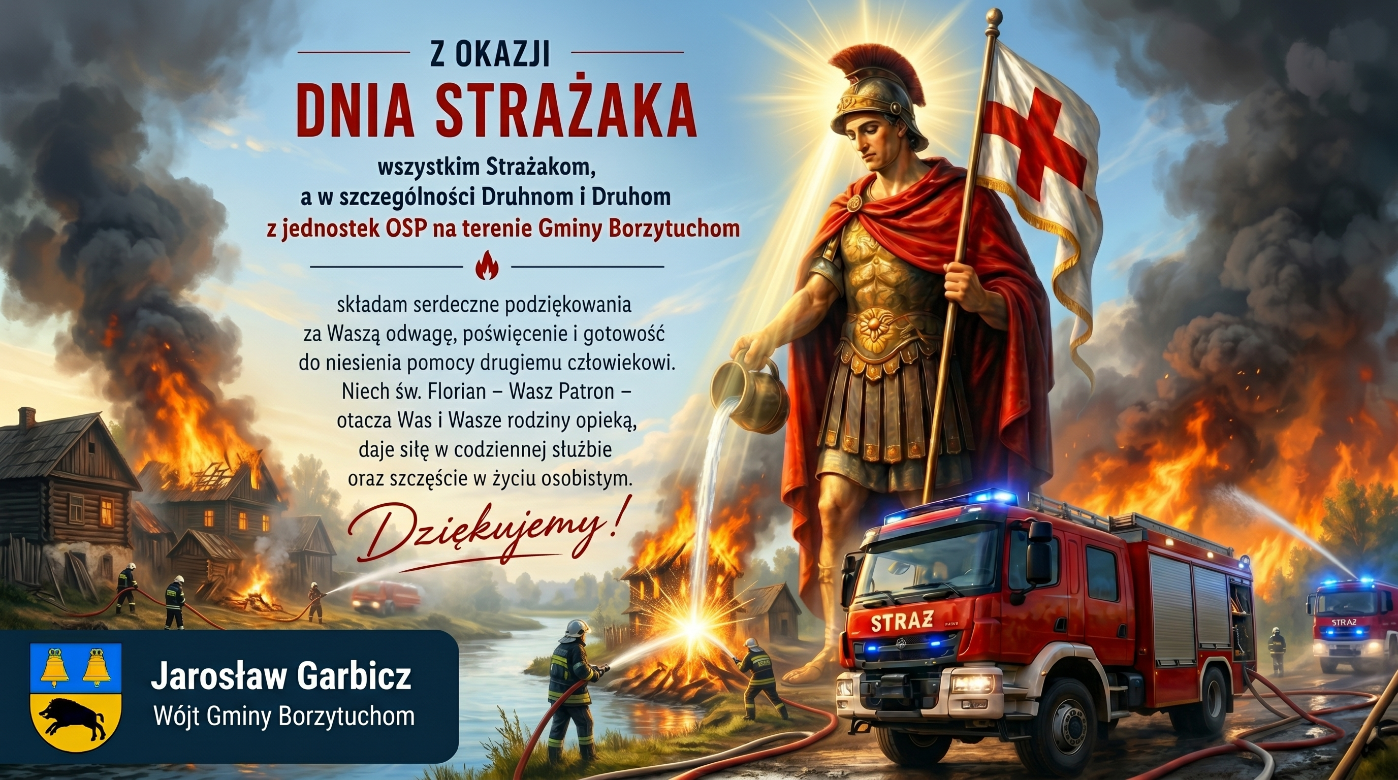 Życzenia dla strażak&oacute;w OSP z&nbsp;terenu gminy Borzytuchom od W&oacute;jta Jarosława Garbicza.
