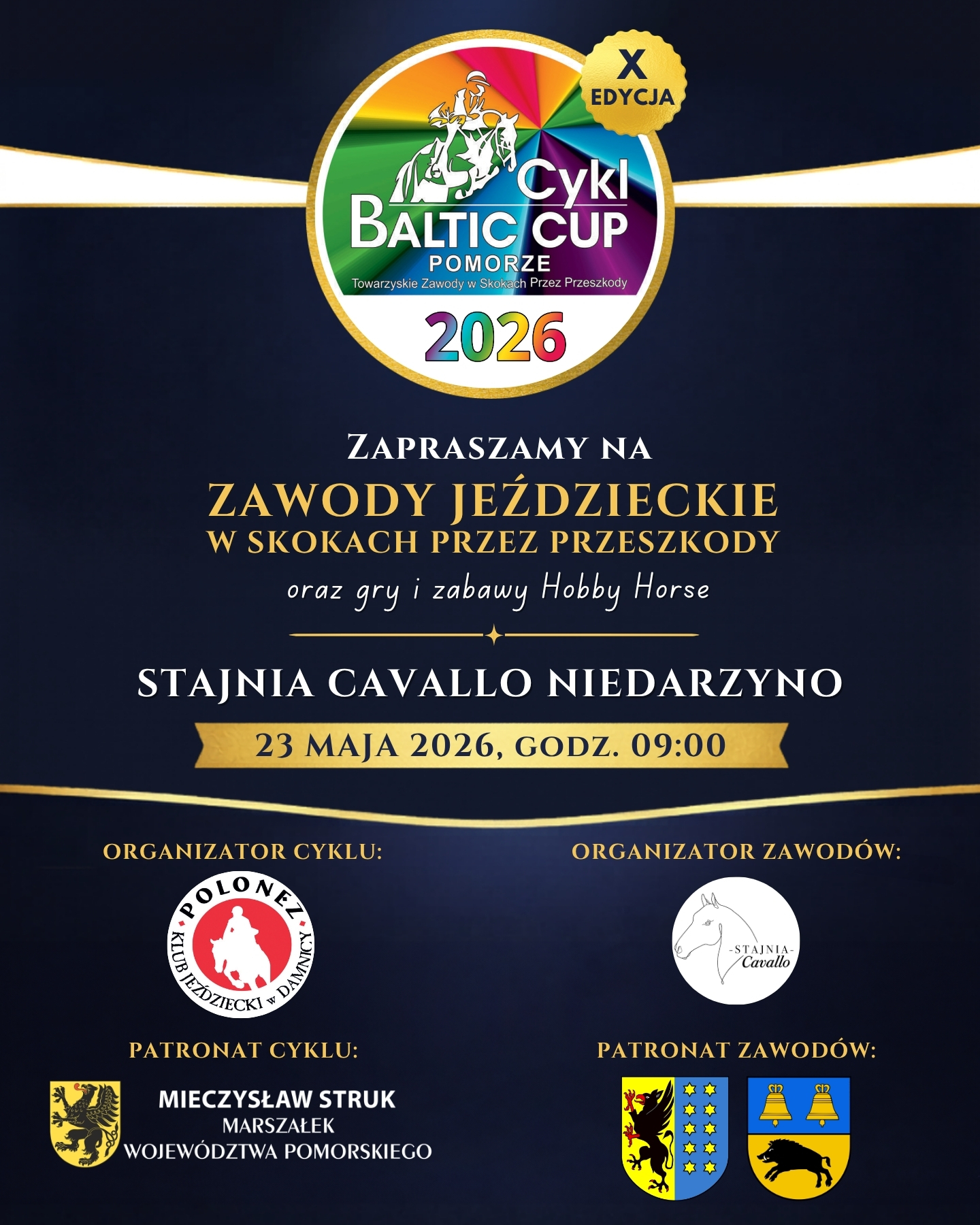 Plakat - Zaproszenie na&nbsp;zawody jeździeckie 23 maja 2026r. Stajnia Cavallo, Niedarzyno